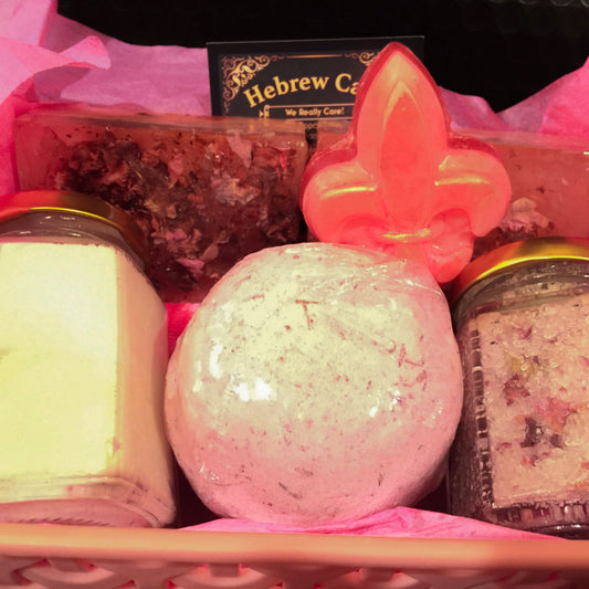 Rose Basket, Bathbomb, Bath Salt Scrub, and Soap